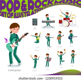 A set of women in sportswear playing rock 'n' roll and pop music.There are also various instruments such as ukulele and tambourine.It's vector art so it's easy to edit.