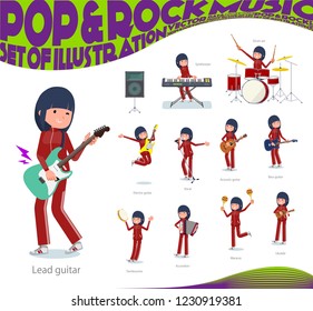 A set of women in sportswear playing rock 'n' roll and pop music.There are also various instruments such as ukulele and tambourine.It's vector art so it's easy to edit.