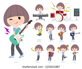 A set of women in Sportswear playing rock 'n' roll and pop music.There are also various instruments such as ukulele and tambourine.It's vector art so it's easy to edit.