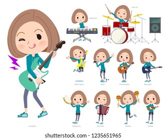 A set of women in sportswear playing rock 'n' roll and pop music.There are also various instruments such as ukulele and tambourine.It's vector art so it's easy to edit.