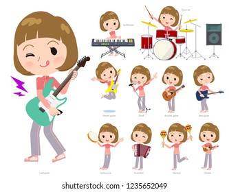 A set of women in sportswear playing rock 'n' roll and pop music.There are also various instruments such as ukulele and tambourine.It's vector art so it's easy to edit.