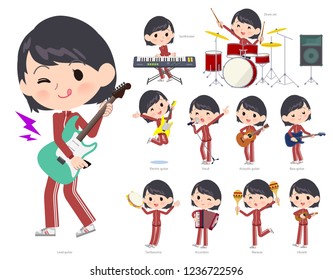A set of women in sportswear playing rock 'n' roll and pop music.There are also various instruments such as ukulele and tambourine.It's vector art so it's easy to edit.