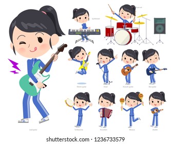 A set of women in sportswear playing rock 'n' roll and pop music.There are also various instruments such as ukulele and tambourine.It's vector art so it's easy to edit.