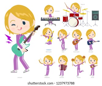 A set of women in sportswear playing rock 'n' roll and pop music.There are also various instruments such as ukulele and tambourine.It's vector art so it's easy to edit.