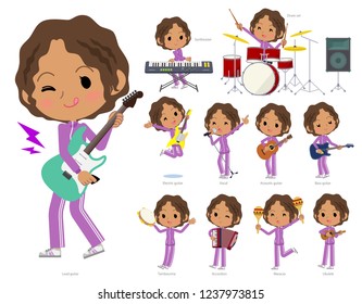 A set of women in sportswear playing rock 'n' roll and pop music.There are also various instruments such as ukulele and tambourine.It's vector art so it's easy to edit.