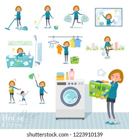 A set of women in sportswear related to housekeeping such as cleaning and laundry.There are various actions such as child rearing.It's vector art so it's easy to edit.