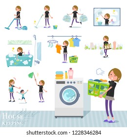 A set of women in sportswear related to housekeeping such as cleaning and laundry.There are various actions such as child rearing.It's vector art so it's easy to edit.