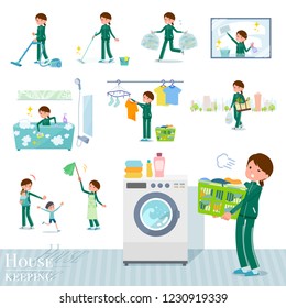 A set of women in sportswear related to housekeeping such as cleaning and laundry.There are various actions such as child rearing.It's vector art so it's easy to edit.