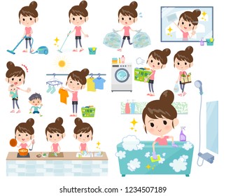 A set of women in sportswear related to housekeeping such as cleaning and laundry.There are various actions such as cooking and child rearing.It's vector art so it's easy to edit.