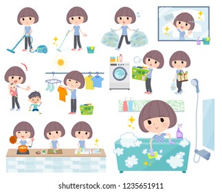 A set of women in Sportswear related to housekeeping such as cleaning and laundry.There are various actions such as cooking and child rearing.It's vector art so it's easy to edit.