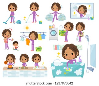 A set of women in sportswear related to housekeeping such as cleaning and laundry.There are various actions such as cooking and child rearing.It's vector art so it's easy to edit.