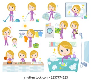 A set of women in sportswear related to housekeeping such as cleaning and laundry.There are various actions such as cooking and child rearing.It's vector art so it's easy to edit.