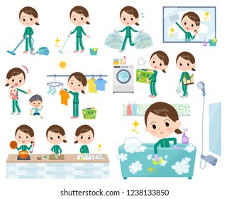 A set of women in sportswear related to housekeeping such as cleaning and laundry.There are various actions such as cooking and child rearing.It's vector art so it's easy to edit.