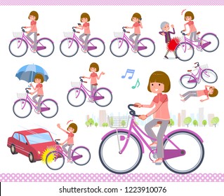 A set of women in sportswear riding a city cycle.There are actions on manners and troubles.It's vector art so it's easy to edit.