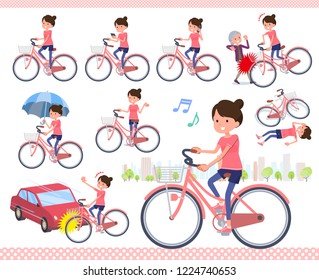 A set of women in sportswear riding a city cycle.There are actions on manners and troubles.It's vector art so it's easy to edit.