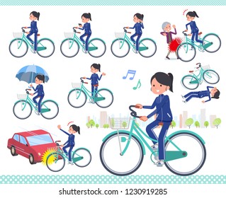 A set of women in sportswear riding a city cycle.There are actions on manners and troubles.It's vector art so it's easy to edit.