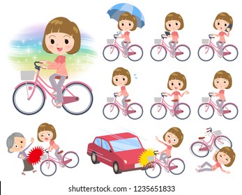 A set of women in sportswear riding a city cycle.There are actions on manners and troubles.It's vector art so it's easy to edit.