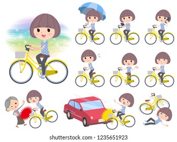 A set of women in Sportswear riding a city cycle.There are actions on manners and troubles.It's vector art so it's easy to edit.