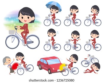 A set of women in sportswear riding a city cycle.There are actions on manners and troubles.It's vector art so it's easy to edit.