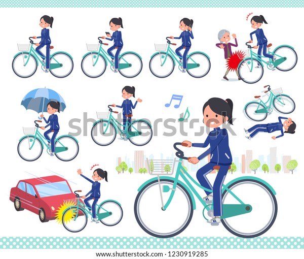 A set of women in sportswear riding a city\
cycle.There are actions on manners and troubles.It\'s vector art so\
it\'s easy to edit.