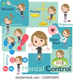 A set of women in sportswear who control emotions.A variety of image illustrations expressing self emotion.It's vector art so it's easy to edit.