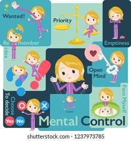 A set of women in sportswear who control emotions.A variety of image illustrations expressing self emotion.It's vector art so it's easy to edit.