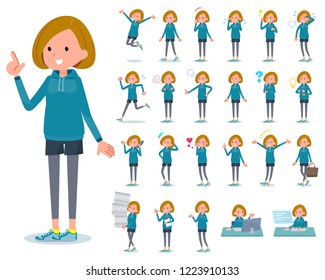 A set of women in sportswear with who express various emotions.There are actions related to workplaces and personal computers.It's vector art so it's easy to edit.