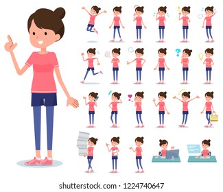 A set of women in sportswear with who express various emotions.There are actions related to workplaces and personal computers.It's vector art so it's easy to edit.