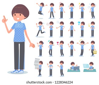 A set of women in sportswear with who express various emotions.There are actions related to workplaces and personal computers.It's vector art so it's easy to edit.