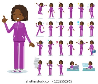 A set of women in sportswear with who express various emotions.There are actions related to workplaces and personal computers.It's vector art so it's easy to edit.