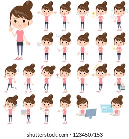 A set of women in sportswear with who express various emotions.There are actions related to workplaces and personal computers.It's vector art so it's easy to edit.