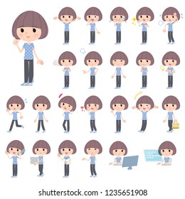 A set of women in Sportswear with who express various emotions.There are actions related to workplaces and personal computers.It's vector art so it's easy to edit.