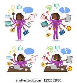A set of women in sportswear who perform multitasking in the office.There are things to do smoothly and a pattern that is in a panic.It's vector art so it's easy to edit.