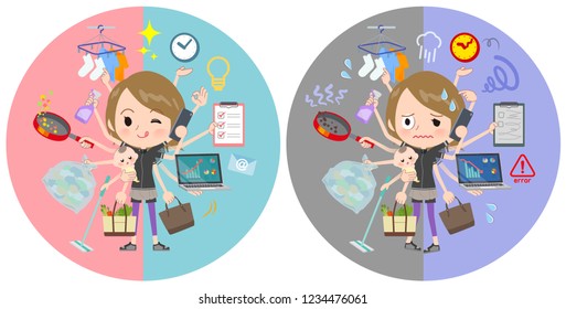 A set of women in sportswear who perform multitasking in offices and private.There are things to do smoothly and a pattern that is in a panic.It's vector art so it's easy to edit.