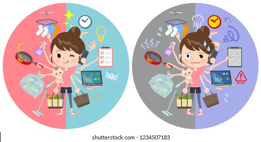A set of women in sportswear who perform multitasking in offices and private.There are things to do smoothly and a pattern that is in a panic.It's vector art so it's easy to edit.