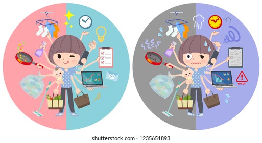 A set of women in Sportswear who perform multitasking in offices and private.There are things to do smoothly and a pattern that is in a panic.It's vector art so it's easy to edit.