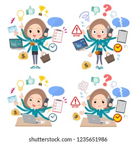 A set of women in sportswear who perform multitasking in the office.There are things to do smoothly and a pattern that is in a panic.It's vector art so it's easy to edit.