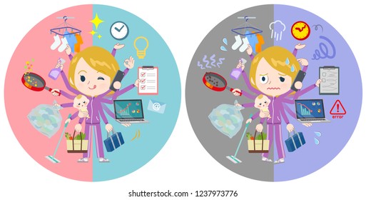 A set of women in sportswear who perform multitasking in offices and private.There are things to do smoothly and a pattern that is in a panic.It's vector art so it's easy to edit.