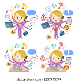 A set of women in sportswear who perform multitasking in the office.There are things to do smoothly and a pattern that is in a panic.It's vector art so it's easy to edit.