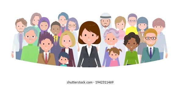 A set of women standing in front of a large number of people.It's vector art so easy to edit.