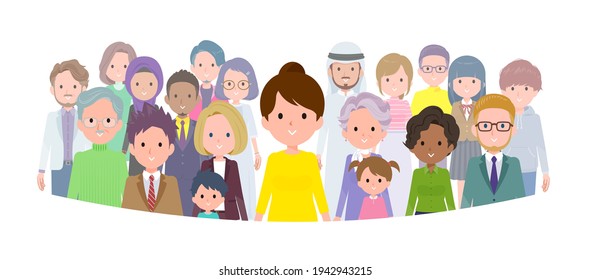 A set of women standing in front of a large number of people.It's vector art so easy to edit.