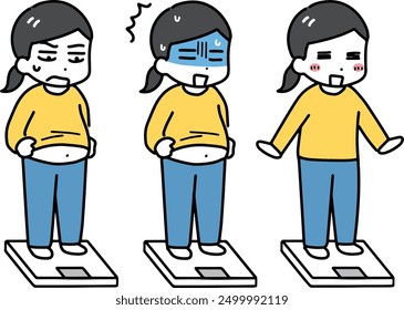 A set of women standing on a weight scale with various expressions
