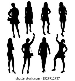 Set of women standing  in various poses,  group business  people , vector silhouette, black color, isolated on white background