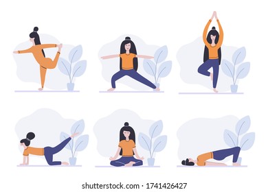 Set of women standing in yoga pose, fitness exercise, pilates. Sport at home. Flat vector illustration.