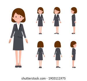 Un conjunto de mujeres de pie. Ángulos frontales, laterales y traseros. Es arte vectorial, así que es fácil de editar.