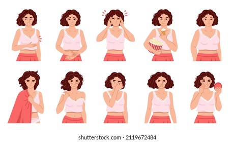 Set of women suffering from period problems or premenstrual syndrome. Headache, abdominal pain, insomnia, sensitive breast and mood swings. Hand drawn flat vector illustration.