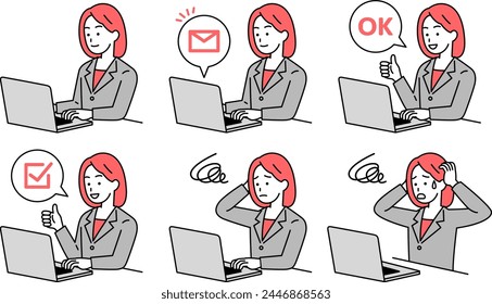 Set of women in suits working on a laptop