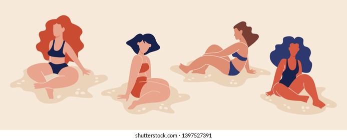 Set of women in swimsuits. Flat style vector illustration of girls  on the beach