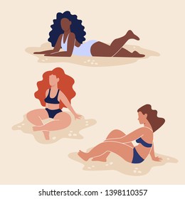 Set of women in swimsuits. Flat style vector illustration of girls  on the beach