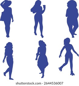 set of women in swimsuits silhoutter cartoon style vector